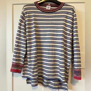 Cabi, Blue & Cream Striped w/ detail trim, Cotton Crewneck Sweater, Size Small